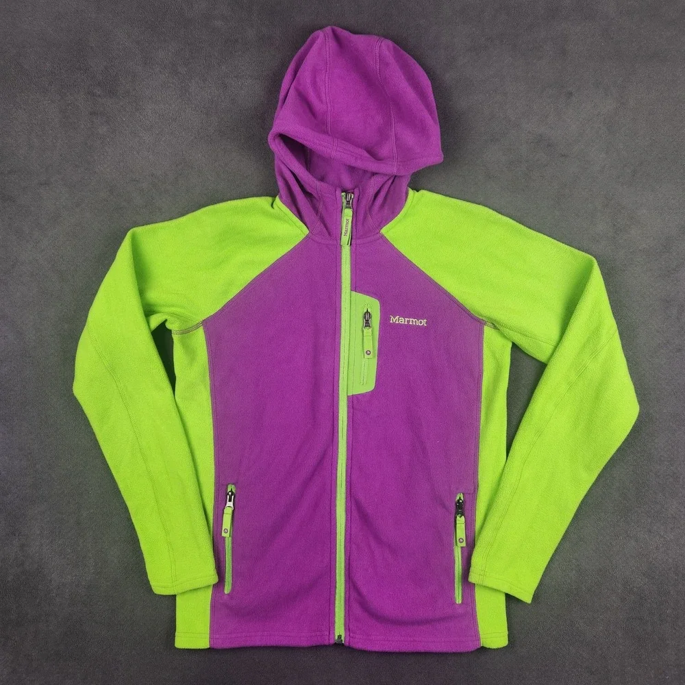 Marmot Power Stretch Hoodie Girls XL‎ Purple Lime Green Colorblock Full Zip